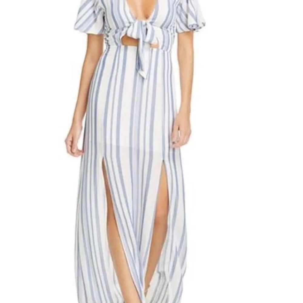 Lost + Wander Marina Tie front Maxi dress with slits white and light blue - Picture 4 of 13